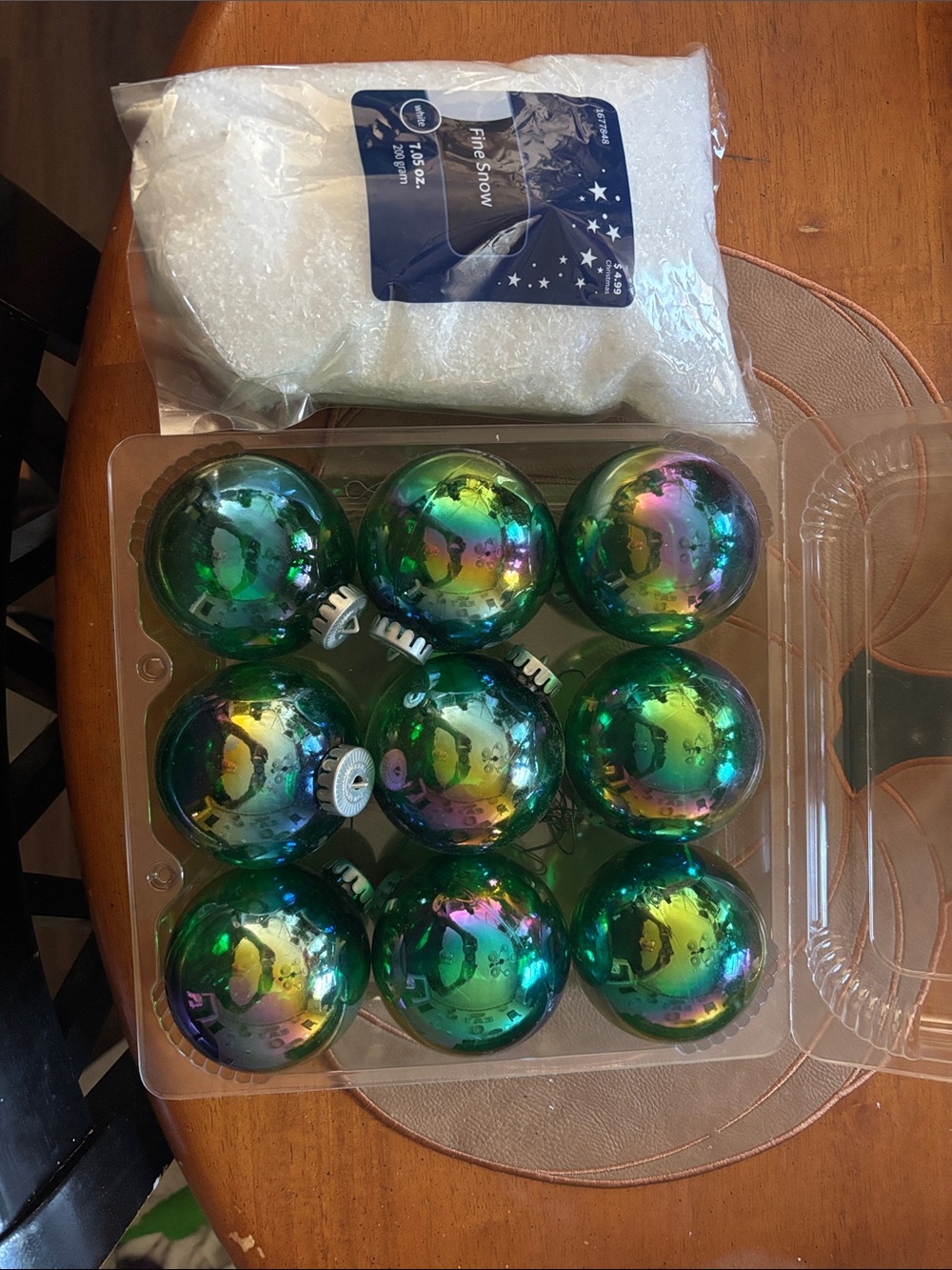 Hobby Lobby Iridescent Green Shimmer Christmas Ball Ornaments & Bag of Fine Snow